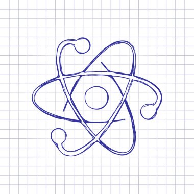 bilimsel atom sembolü, logo, basit simgesi. Elle çizilmiş resim kağıt sayfası. Mavi mürekkep, anahat kroki tarzı. Damalı zemin üzerine doodle