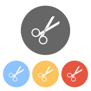 Makas simgesi. Kuaför aracı. Renkli daireler üzerinde beyaz simgeler kümesi