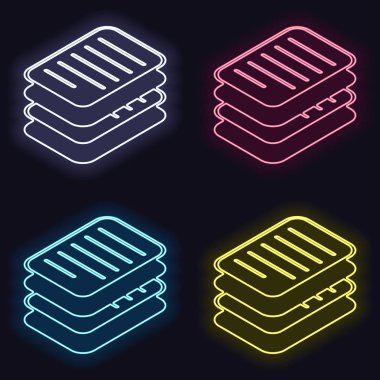 kağıtları, basit sembol veya simge yığını. Neon işareti kümesi. Koyu arka plan üzerinde casino tarzı. Seamless modeli