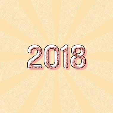 2018 sayı simgesi. Yeni Yılınız Kutlu Olsun. Retro Vintage tipografi ofset baskı etkisi ile. Çizgi roman pop sanat arka plan ile nokta poster