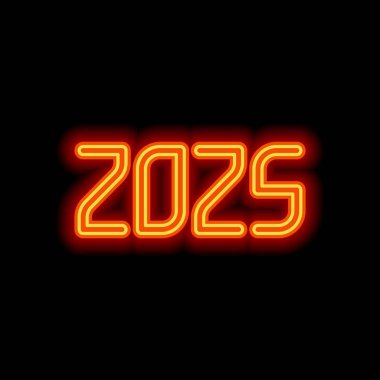 2025 sayı simgesi. Yeni Yılınız Kutlu Olsun. Siyah arka plan üzerine portakal neon tarzı. Işık simgesi