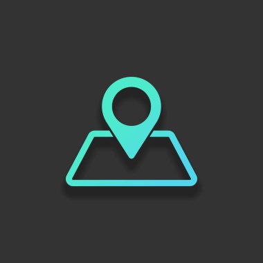 harita üzerinde etiket. basit siluet. Renkli logo kavramı koyu arka plan üzerinde yumuşak gölge ile. Masmavi okyanus rengini simgesi