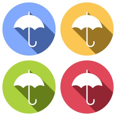 şemsiye simgesi. Mavi, turuncu, yeşil ve kırmızı renkli daireler uzun gölge ile beyaz simgeler kümesi. Etiket tarzı
