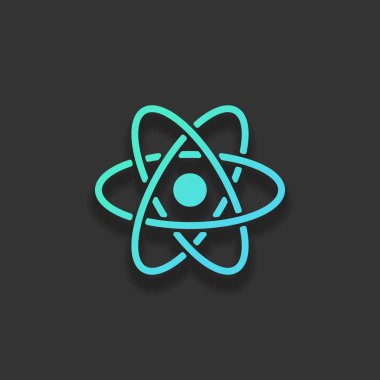 bilimsel atom sembolü, basit simgesi. Renkli logo kavramı koyu arka plan üzerinde yumuşak gölge ile. Masmavi okyanus rengini simgesi