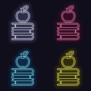 Elma üstünde kitap kutsal kişilerin resmi. Bilgi logosunu görmeniz gerekir. Neon işareti kümesi. Koyu arka plan üzerinde casino tarzı. Seamless modeli
