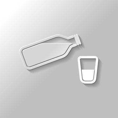şişe su kabarcıkları ve cam bardak ile. basit simgesi. Kağıt tarzı ile gölge gri arka plan üzerinde