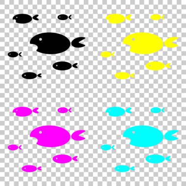 Balıklar sürüsü. Cmyk simgeleri şeffaf arka plan üzerinde renkli dizi.
