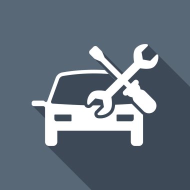 Araba servisi, onarım aracı, düzeltmek. Uzun Gölge arka plan üzerinde beyaz düz simgesi