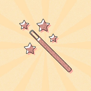 yıldız ile sihirli değnek. basit siluet. Retro Vintage tipografi ofset baskı etkisi ile. Çizgi roman pop sanat arka plan ile nokta poster