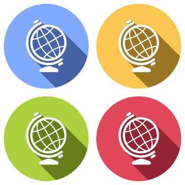 Basit küre sembolü. Doğrusal simgesi. Mavi, turuncu, yeşil ve kırmızı renkli daireler uzun gölge ile beyaz simgeler kümesi. Etiket tarzı