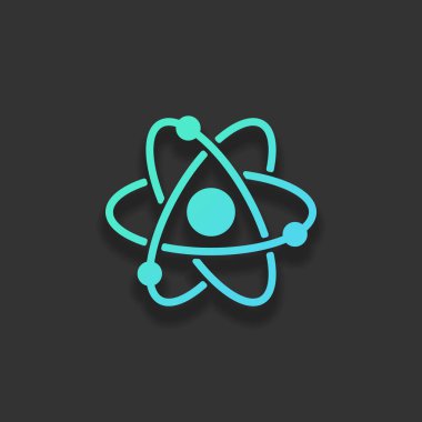 bilimsel atom sembolü, basit simgesi. Renkli logo kavramı koyu arka plan üzerinde yumuşak gölge ile. Masmavi okyanus rengini simgesi