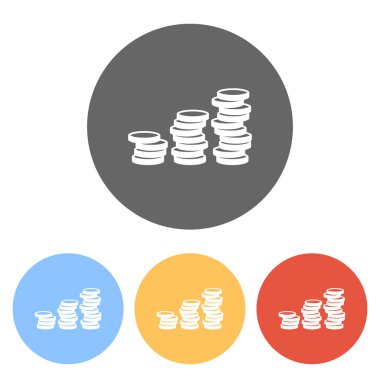 Sikke yığını, ekonomi büyür. Renkli daireler üzerinde beyaz simgeler kümesi