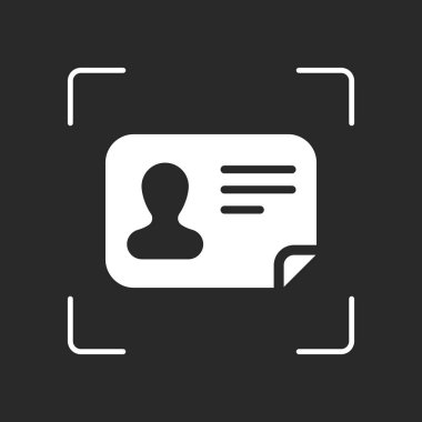 Kimlik kartı simgesi. Kimliği profil. Beyaz nesne kamera otomatik odaklama koyu arka plan üzerinde