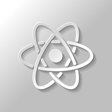 bilimsel atom sembolü, basit simgesi. Kağıt tarzı ile gölge gri arka plan üzerinde