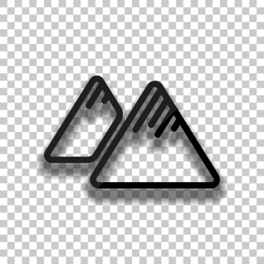 Dağlar simgesi. İnce anahat doğrusal stiliyle. Saydam arka plan üzerinde yumuşak gölgeli siyah cam kutsal kişilerin resmi