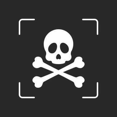 Kafatası ve çapraz kemikler. Basit simgesi. Beyaz nesne kamera otomatik odaklama koyu arka plan üzerinde