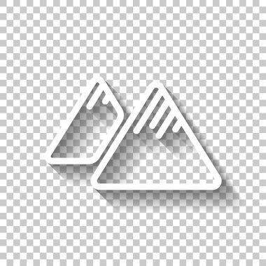 Dağlar simgesi. İnce anahat doğrusal stiliyle. Gölge şeffaf arka plan üzerinde beyaz simgesi