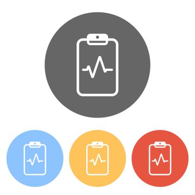 Tablet kağıt ve nabız hattı. Doğrusal, ince anahat. Renkli daireler üzerinde beyaz simgeler kümesi