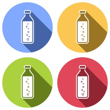 şişe su kabarcıkları, basit simgesi ile. Mavi, turuncu, yeşil ve kırmızı renkli daireler uzun gölge ile beyaz simgeler kümesi. Etiket tarzı