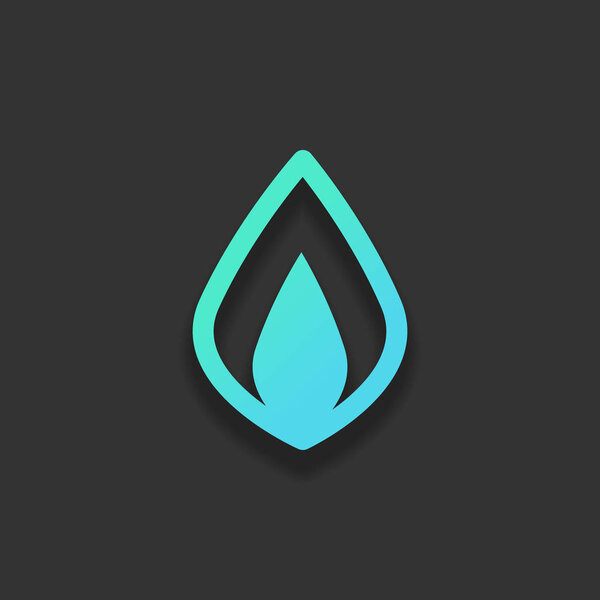 Simple fire flame icon. Colorful logo concept with soft shadow on dark background. Icon color of azure ocean