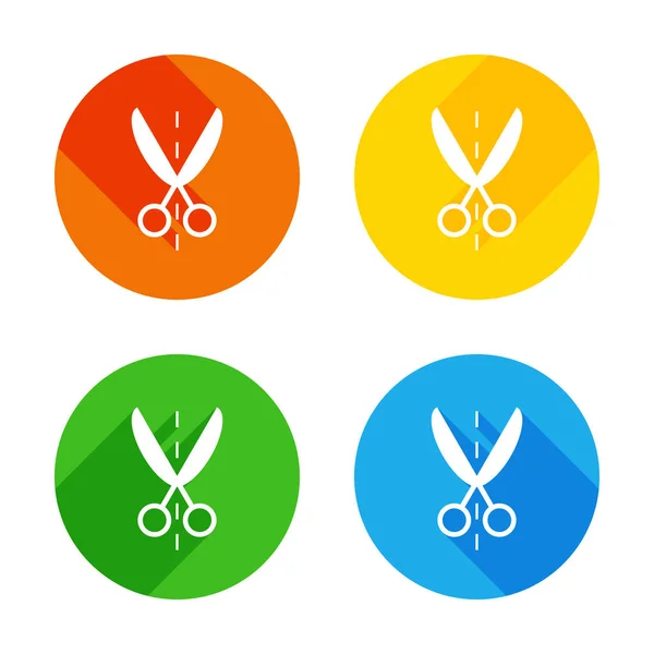 Scherensymbol Flache Weiße Symbol Auf Farbigen Kreisen Hintergrund Vier Verschiedene — Stockvektor