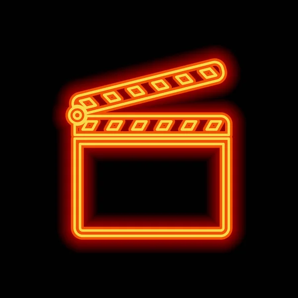 Film clap board cinema open icon. Orange neon style on black background. Light icon