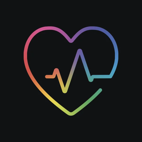 心脏和脉搏线 一行样式 带有薄轮廓的线性图标 彩虹色和深色背景 — 图库矢量图片