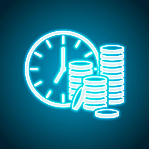 Tiempo Dinero Reloj Pila Monedas Icono Financiero Estilo Neón Icono — Vector de stock
