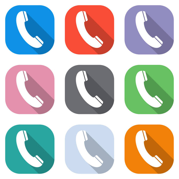 Значок телефонного приемника. Набор белых иконок на цветных квадратах для применения. Бесшовный и шаблон для плаката
