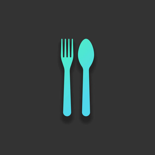 Fork and spoon, icon. Kitchen tools. Colorful logo concept with soft shadow on dark background. Icon color of azure ocean