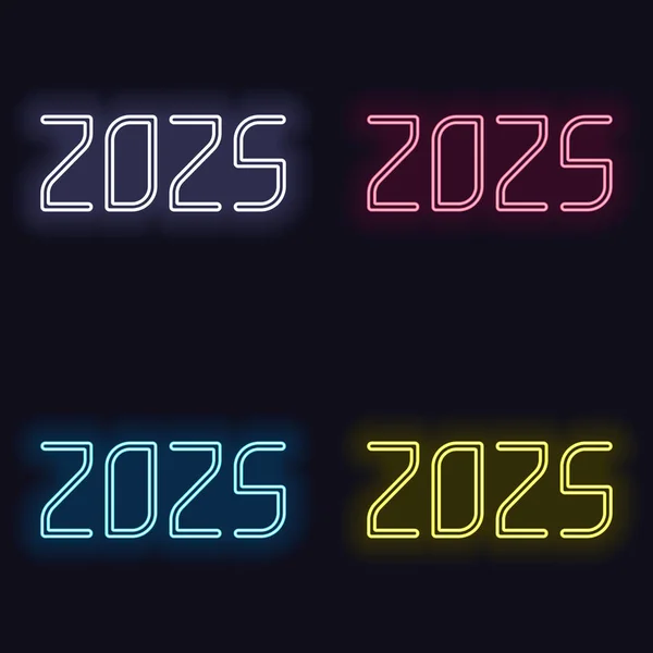 2025 Número Icono Feliz Año Nuevo Conjunto Letrero Neón Estilo — Vector de stock