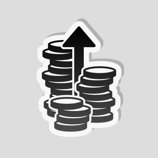 コイン スタック金融成長上向きの矢印 白枠と灰色の背景に簡単な影のステッカー スタイル — ストックベクタ