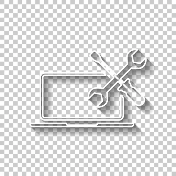ノート パソコン修理サービス 透明な背景に影と白いアウトライン記号 — ストックベクタ