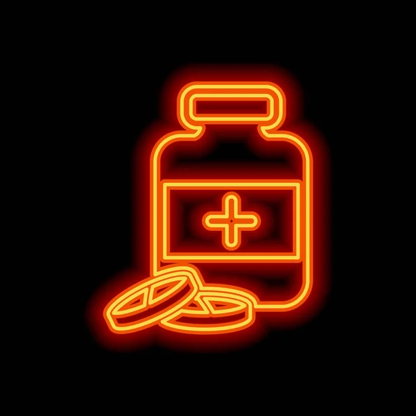 Χάπια Και Φιάλη Φαρμάκου Πορτοκαλί Neon Στυλ Μαύρο Φόντο Ελαφρά — Διανυσματικό Αρχείο
