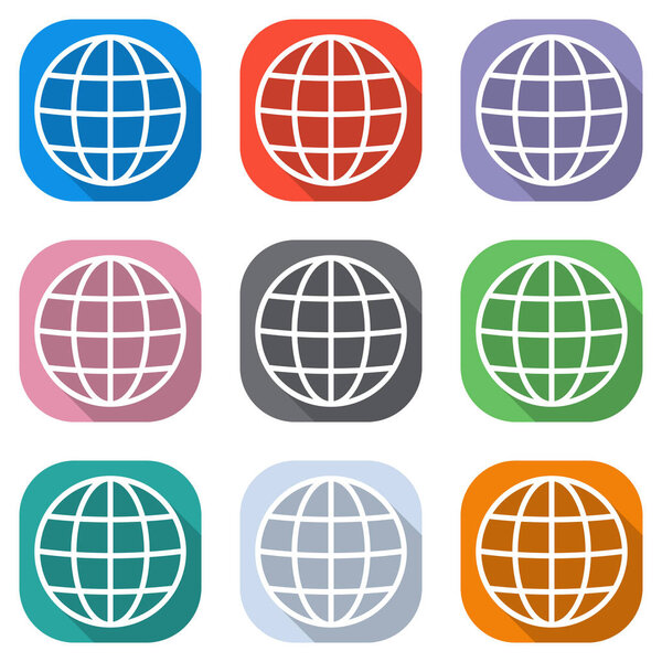 Simple globe icon. Linear, thin outline. Set of white icons on colored squares for applications. Seamless and pattern for poster