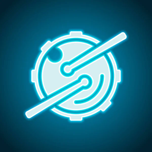 Logo for music app. Drum with drumsticks and camera. Simple icon. Neon style. Light decoration icon. Bright electric symbol