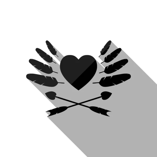羽の矢印とバレンタインデーの未塗装のアイコン 白い背景上の長い影と黒い物体 — ストックベクタ