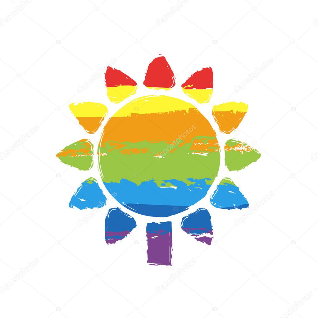 Sunflower, plant. Nature icon. Drawing sign with LGBT style, seven colors of rainbow (red, orange, yellow, green, blue, indigo, violet
