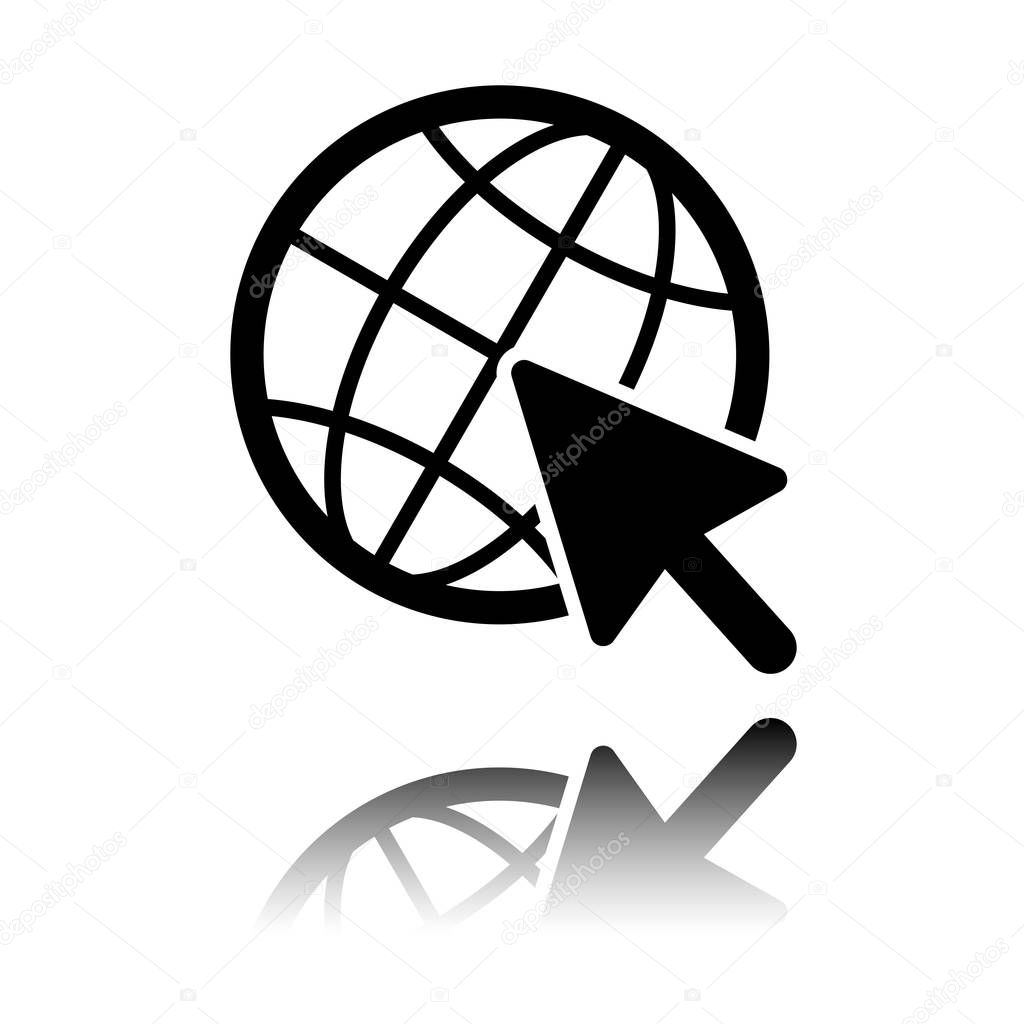 Globe and arrow icon. Black icon with mirror reflection on white background