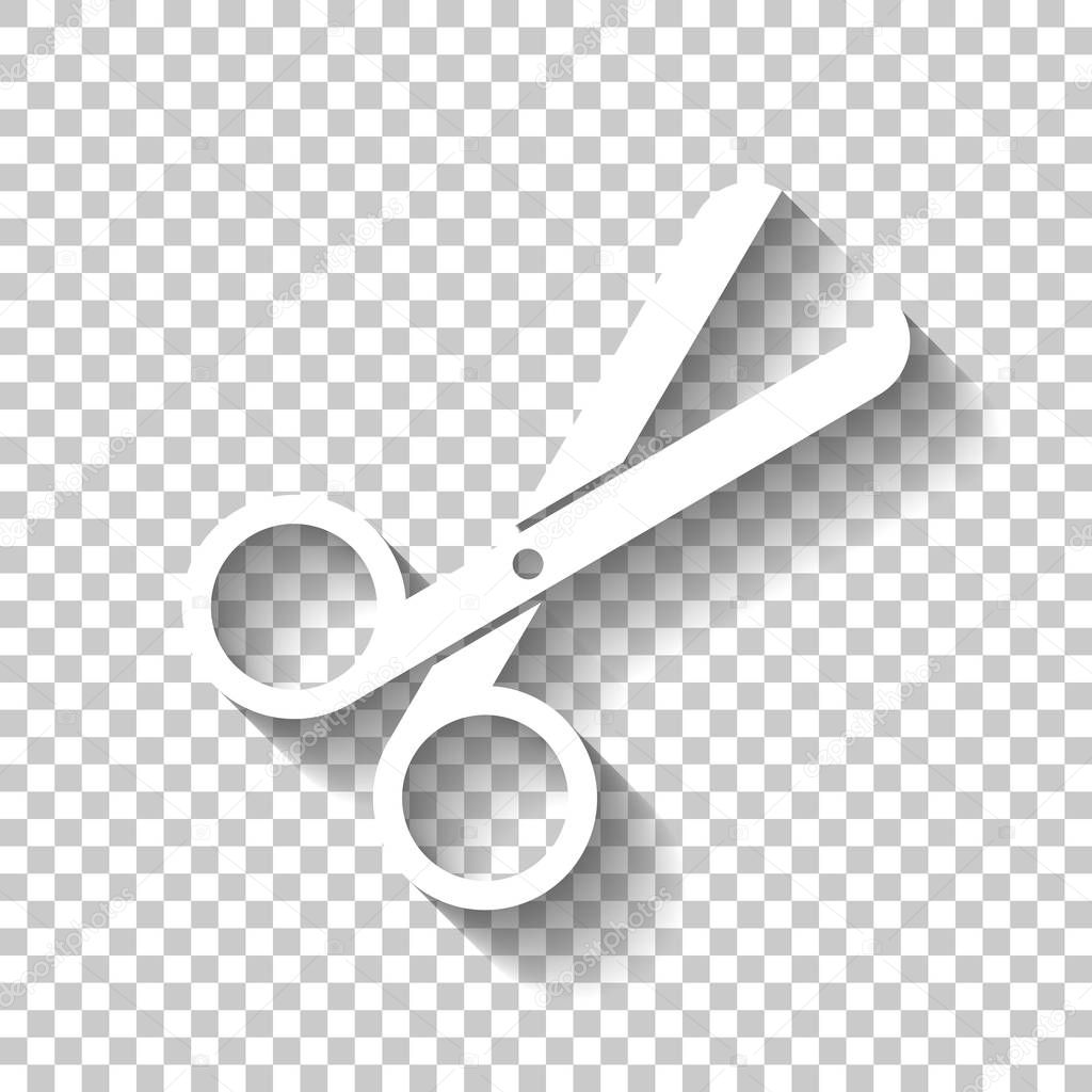 Scissors icon. Tool of barber. White icon with shadow on transparent background