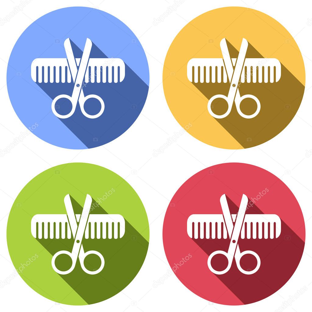 Scissors and hair brush. Crossed tools of barber. Set of white icons with long shadow on blue, orange, green and red colored circles. Sticker style