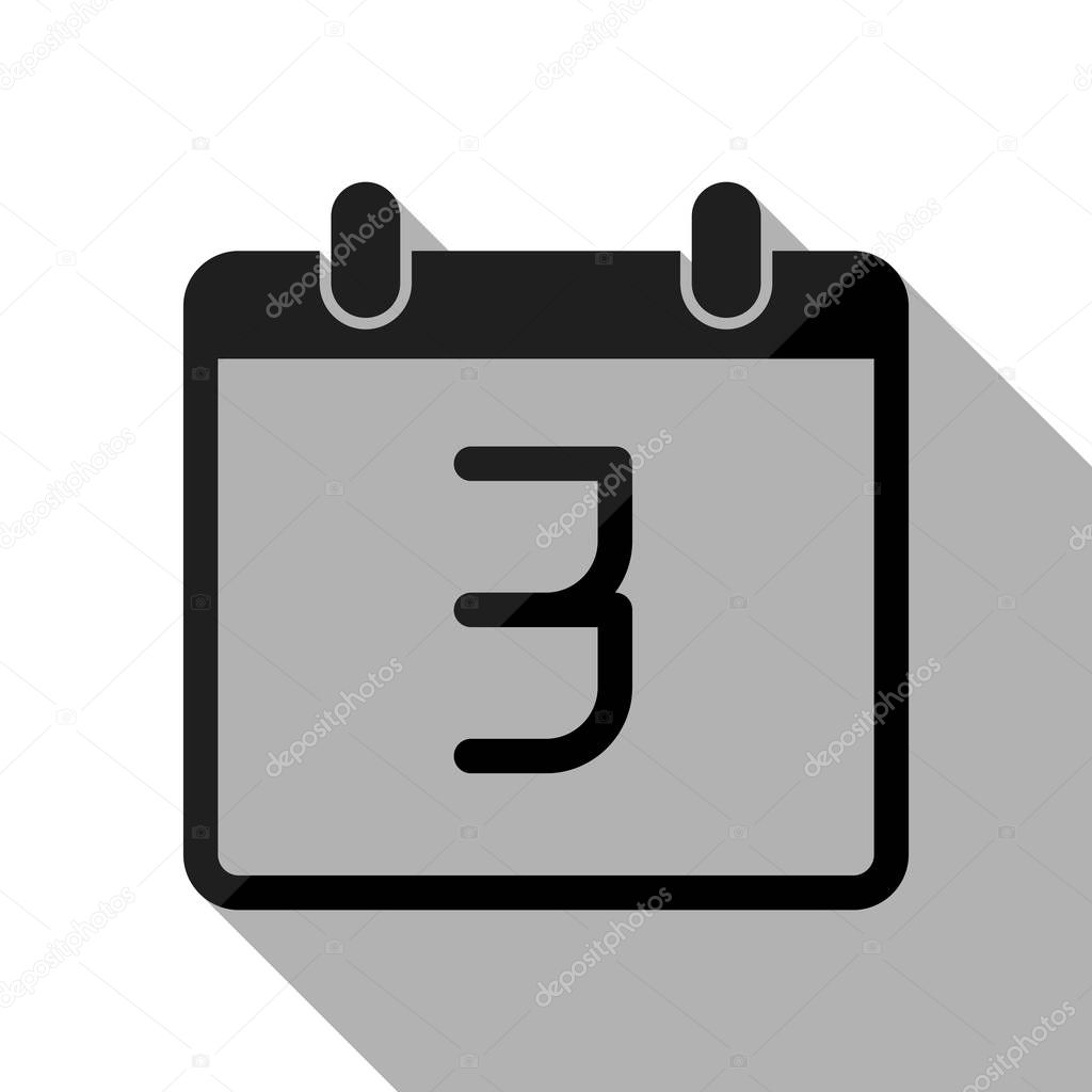 calendar with 3 day, simple icon. Black object with long shadow on white background