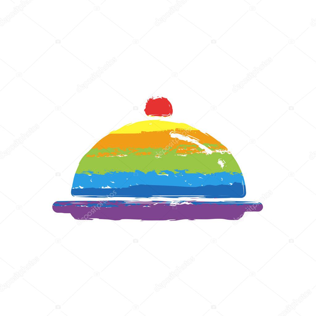 Restaurant cloche or tray. Restaurant icon. Drawing sign with LGBT style, seven colors of rainbow (red, orange, yellow, green, blue, indigo, violet