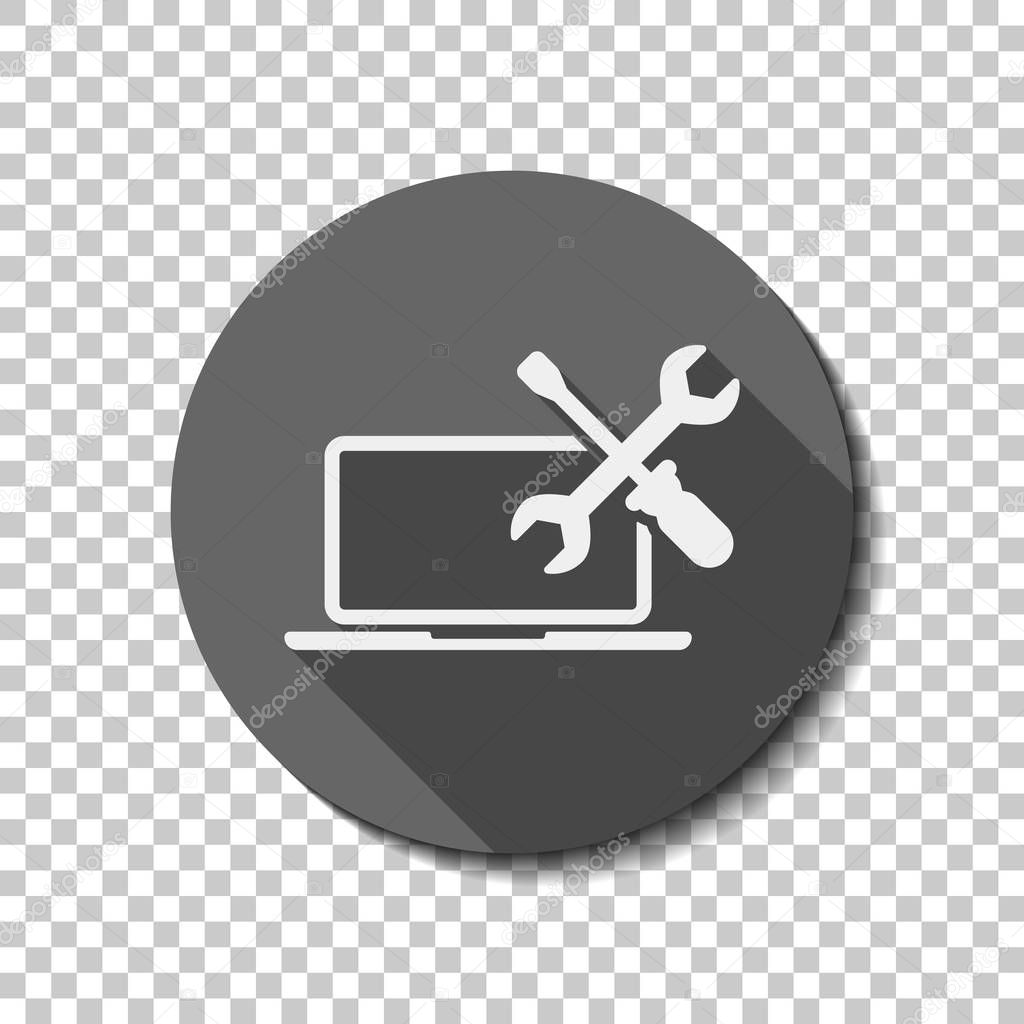 Laptop repair service. flat icon, long shadow, circle, transparent grid. Badge or sticker style