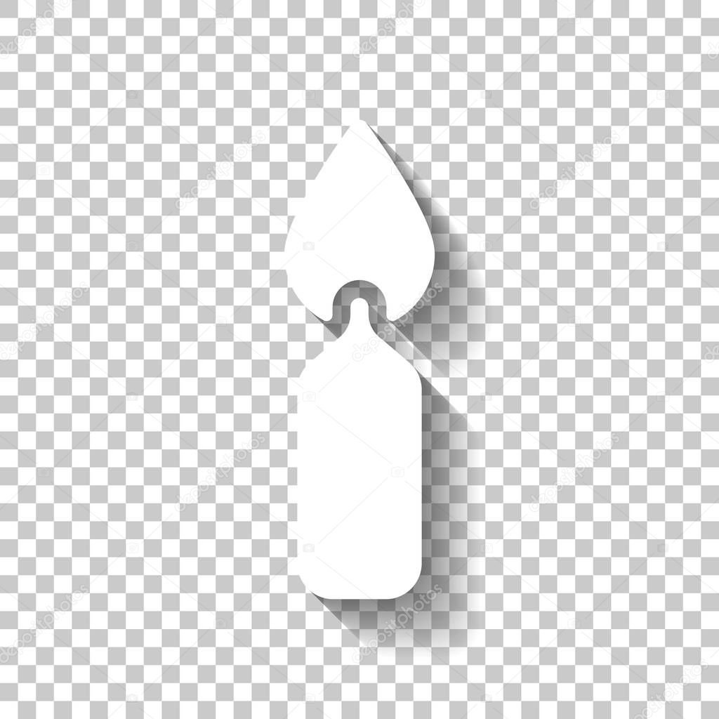 Burning candle icon. Sign of christmas or birthday. White icon with shadow on transparent background