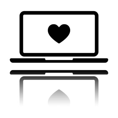 Laptop ya da defter bilgisayar ekranında kalp ile. Basit simgesi. Siyah beyaz arka plan ayna yansıması simgesiyle