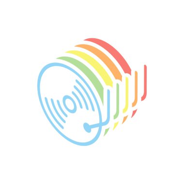 Retro vinil, plak çalar, cd çalar. Beyaz arka plan üzerinde renkli izometrik simgeler yığını