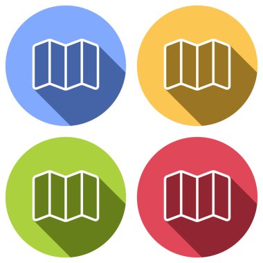 Basit harita simgesi. Doğrusal sembolü ile ince anahat. Mavi, turuncu, yeşil ve kırmızı renkli daireler uzun gölge ile beyaz simgeler kümesi. Etiket tarzı