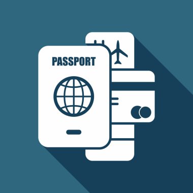 pasaport, Bilet, kredi kartı. Hava seyahat kavramı. Uzun Gölge arka plan üzerinde beyaz düz simgesi