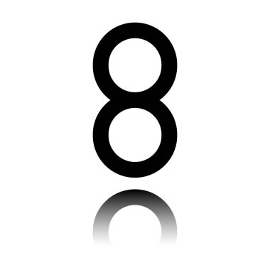 Sayı 8, sayısal, basit mektup. Siyah beyaz arka plan ayna yansıması simgesiyle